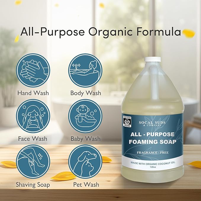 SoCal Suds &amp Company 128oz Certified Organic Foaming Hand &amp Body Wash - Gentle Natural BodyBaby &amp Face Wash for Sensitive Skin Moisturizing All-Purpose Foaming Soap &amp More - Fragranc
