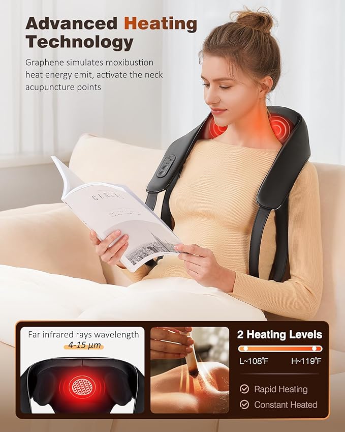 Neck and Shoulder Massager with Heat Cordless Back and Neck Massager Upgraded Graphene Heating 4D Shiatsu Deep Kneading Massage for Shoulder BackLegPain Relief Portable Gifts for Dad Mom Friend