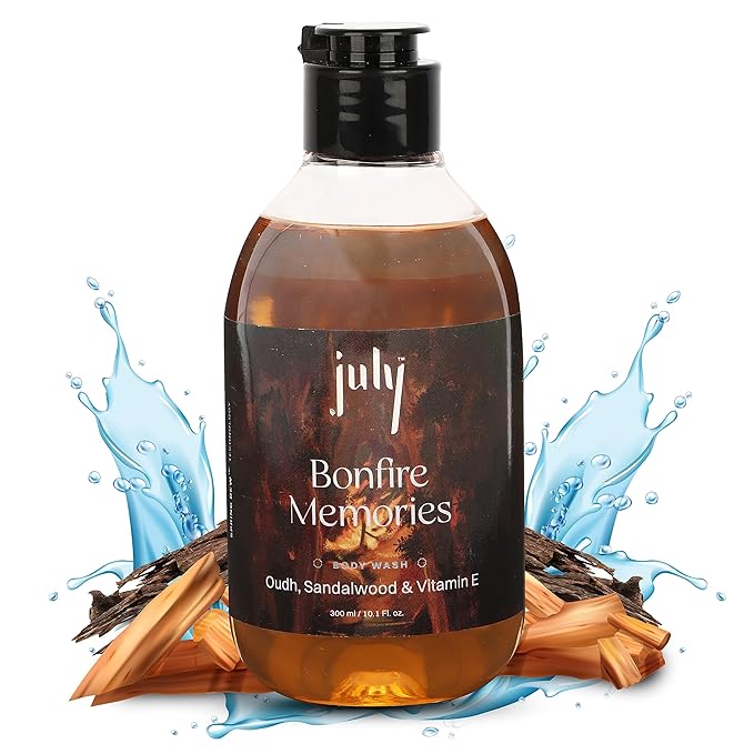 July Bonfire Memories Body Wash 300ml Oudh &amp Sandalwood Vitamin E with Moisturizer Long Lasting Fragrance Exfoliating Shower Gel Nourishing Body Wash for Women &amp Men