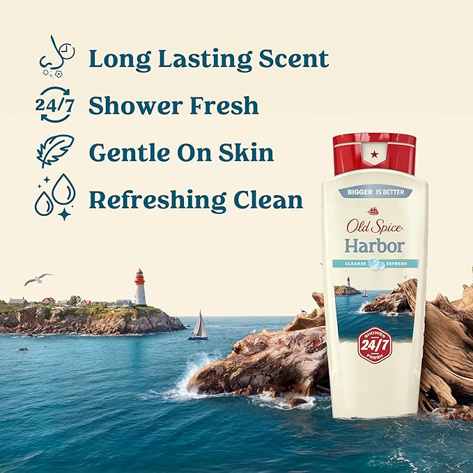 Old Spice Cleansing Body Wash for Men 24/7 Shower Fresh with Lasting Scent Cleanse &amp Refresh Gentle on Skin Vitamin B3 Harbor with Coastal Breeze + Driftwood Scent 18 oz (Pack of 4)