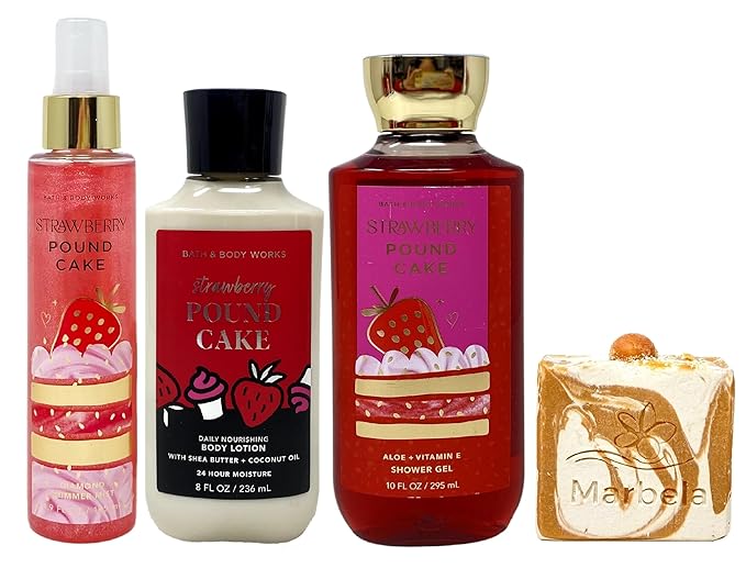 Bath &amp Body Works Strawberry Pound Cake - Diamond Shimmer Mist Body Lotion and Shower Gel - with a Peach Gardenia Bar Soap