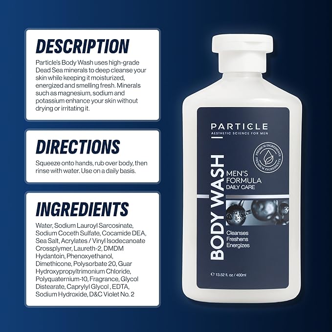 Particle Men’s Body Wash Daily Skin Care for Men with Dead Sea Minerals Hydrating Moisturizing Shower Gel and Cleanser for Men All Skin Types Fresh Citrus and Woody Scent 13.52 FL OZ