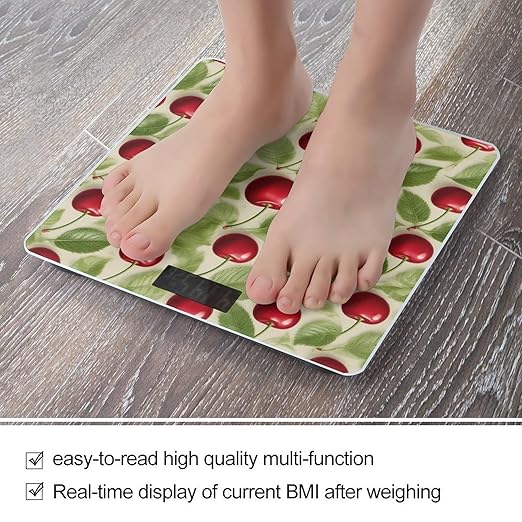 Red Cherry Pattern Bathroom Scale for Body Weight Bathroom Digital Electronic Weighing Scale with Back Lit LED Display Sturdy Tempered Glass Weight Watchers Scales 400lb