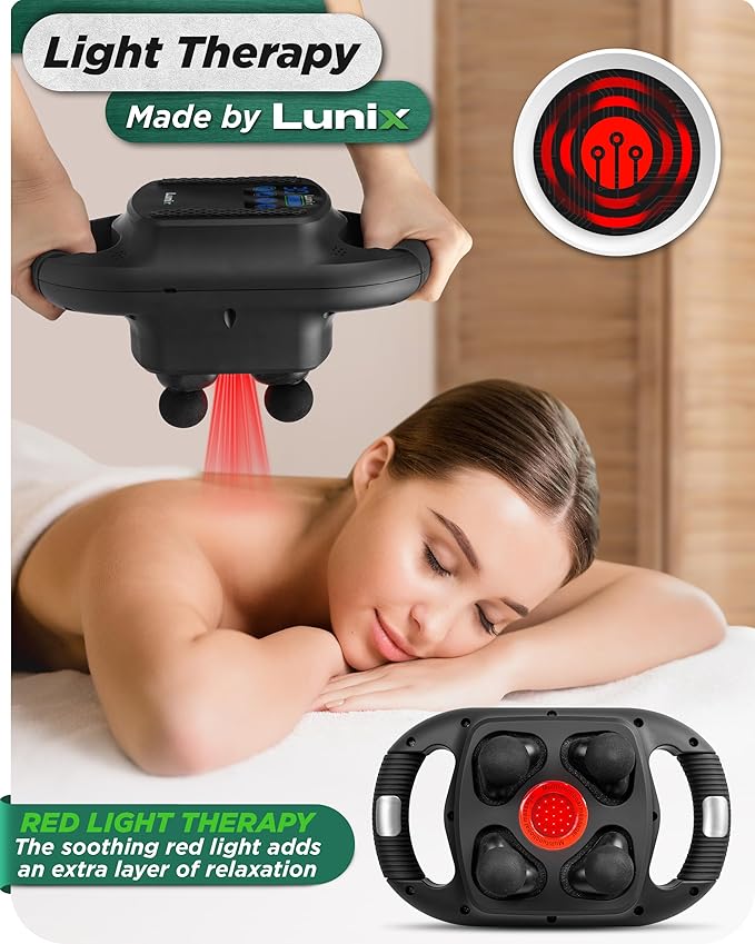 Lunix LX25 FSA 4-Head Percussion Massager with Red and Near-Infrared Light (660nm/850nm) USB Rechargeable Back &amp Body Massager with 4 Modes Adjustable Intensity Includes Storage Case