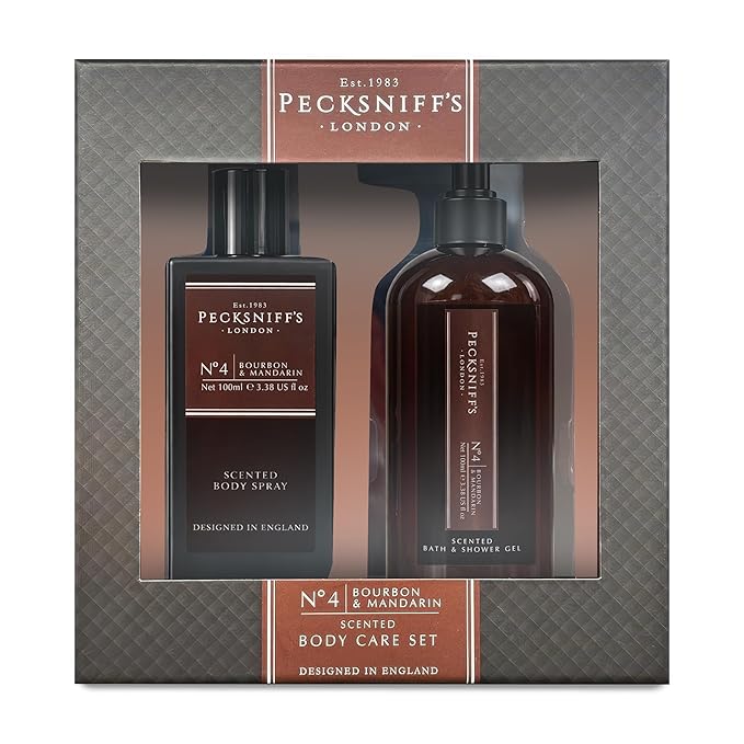 Pecksniff’s Men’s Body Duo Set – Bourbon &amp Mandarin Scented Bath &amp Shower Gel 250ml &amp Body Spray 100ml – Luxury Grooming Gift Set for Him