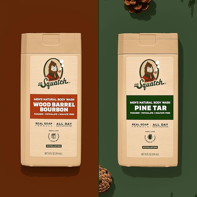 Dr. Squatch Natural Men's Body Wash Shower Gel - Cleansing Nourishing Long Lasting Scent Moisturizing Body Wash for Men - Pine Tar + Wood Barrel Bourbon (14 oz 2-Pack)