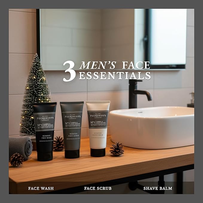 Pecksniff’s Men’s Trio Collection – Amber &amp Oud Wood – Face Wash Scrub &amp Shave Balm Gift Set 3 x 75ml