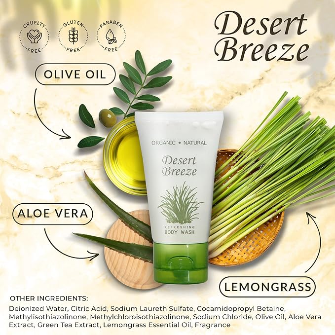 Travel Size Hotel Body Wash 20 Count 1 oz Bottles Guest Amenities for Vacation Rentals and Short Term Rentals Paraben Free Green Tea &amp Lemongrass Scent Infused with Aloe and Olive Oil by Desert Br
