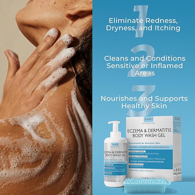Eczema Body Wash | Eczema Treatment | Gel Cleanser For Eczema Prone Skin | Soothes Dryness &amp Itching Gentle On Eczema &amp Dermatitis Sulfate-Free With A Free Scrubber Brush