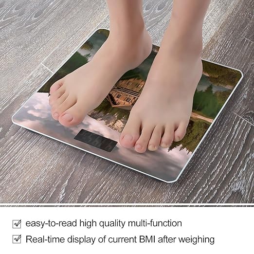 Lake and Wood Cottage Digital Bathroom Scale for Body Weight Weighing Scale with Backlit LCD Display High Precision Measurements &amp Measures Weight Up to 180kg
