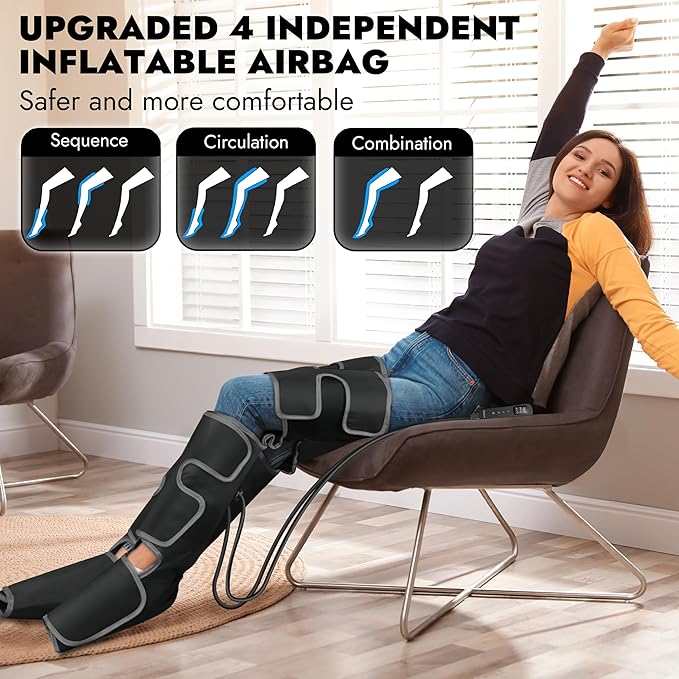 SHINE WELL Leg Massager with Heat and Compression for Circulation 3 Heat 3 Modes 3 Intensities for Pain Relief and Swelling Foot and Leg Compression Massager