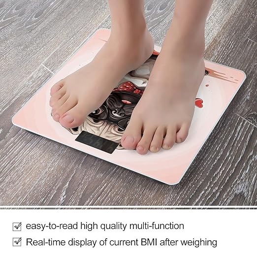 Cute Pug Puppy Weight Scale Digital Electronic Scales Bathroom Scale Larg LCD Backlight Display High Precision MeasurementsTempered Glass