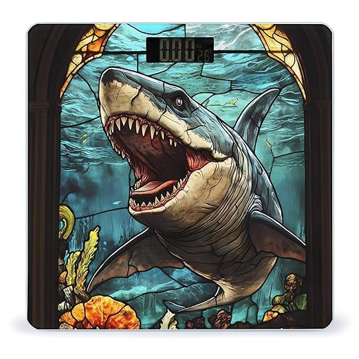 Glass Window Shark Megalodon Ocean Digital Bathroom Scale for Body Weight Lighted LCD Display Round Corner