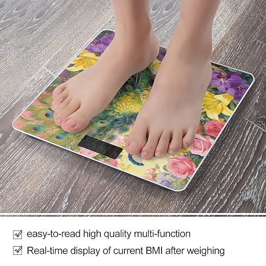 Flowers and Feathers Weight ScaleClear LED Display Bathroom Digital Weighing ScaleTempered Glass Digital Bathroom Scale for Body Weight Capacity Up to 400 Lbs