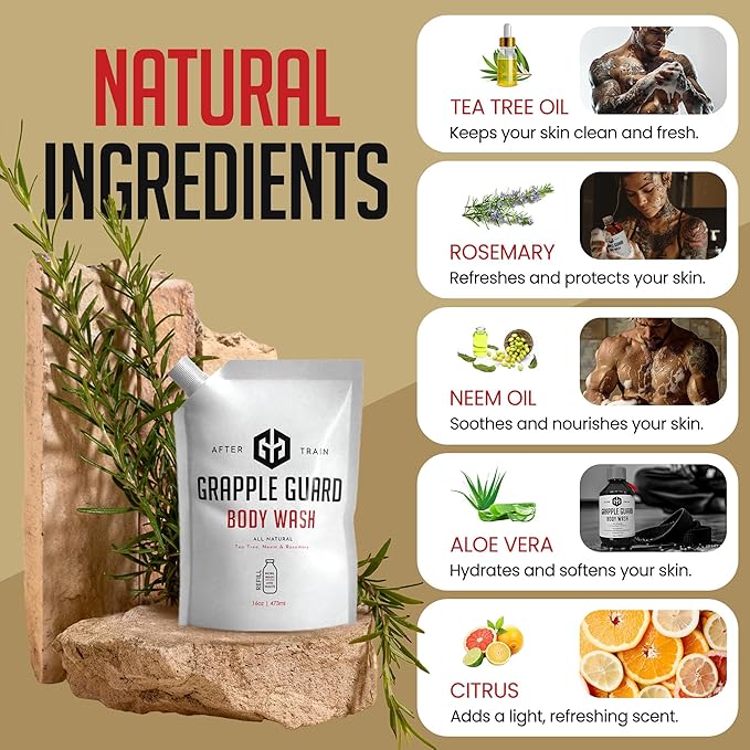 Natural Liquid Soap Body Wash | Grappling Inspired Unisex Body Wash Suitable for All Skin Types with Tea Tree Oil Neem Oil and Rosemary Extract - Citrus/Tea Tree Scent (16oz) Refill