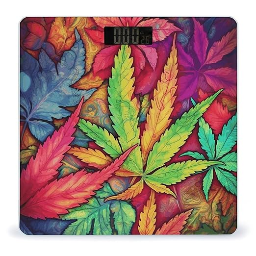 Multicolor Leaf Weed Art Weight ScaleClear LED Display Bathroom Digital Weighing ScaleTempered Glass Digital Bathroom Scale for Body Weight Capacity Up to 400 Lbs