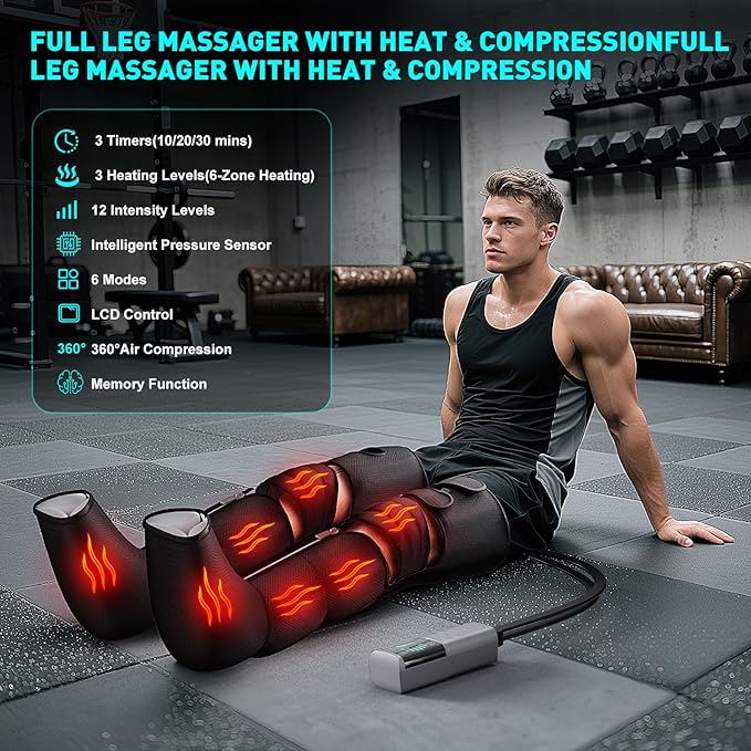 Leg Massager with Heat and Compression Foot Massager for Circulation and Pain Relief 3 Timers 12 Intensity 6 Modes3 Heating with Knee MassagerMother's Day Gifts for Man WomanBlack