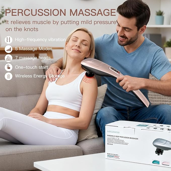 MEGAWISE Cordless Handheld Back Massager w/Rechargeable 3200mAh Battery 5 Speed and 5 +2 Massage Nodes with Hard Medium and 2 Soft Silicone Nodes Massage While Moving Around (Rose Gold)