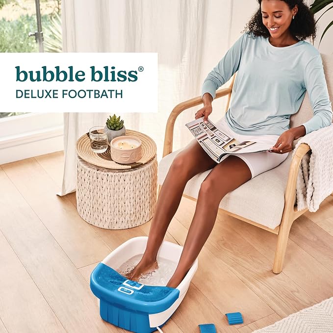 HoMedics Bubble Bliss Deluxe Foot Spa with Heat Massaging Arch 3 Acupressure Attachments Splash Guard Raised Nodes Creates Bubbles Improves Circulation Soothe Tired Muscles