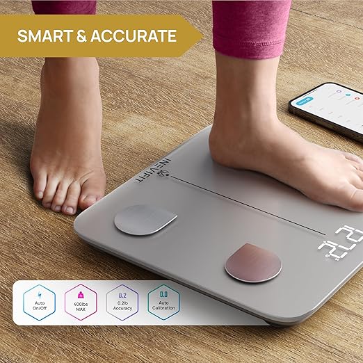 INEVIFIT Smart Body Fat Scale Highly Accurate Bluetooth Digital Bathroom Body Composition Analyzer Measures Weight Body Fat Water Muscle Visceral Fat &amp Bone Mass for Unlimited Users (Silver)