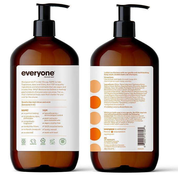 Everyone 3-in-1 Soap Body Wash Bubble Bath Shampoo 32 Ounce (Pack of 2) Nourishing Hand and Body Lotion 32 Ounce (Pack of 2) Citrus and Mint