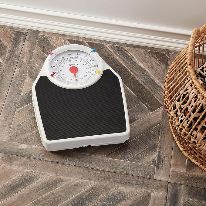 Taylor Battery Free Analog Scales for Body Weight 330LB Capacity Easy to Read Large 7-inch Dial 18.4 x 13.7-inch Ribbed Mat Platform Black