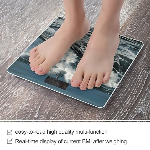 The Sea Waves Scale with LCD Easy-to-Read Anti-Slip Weight Digital Bathroom Scale Precision Weighing Scales Sturdy Tempered Glass Body Weight Scales for Daily Use