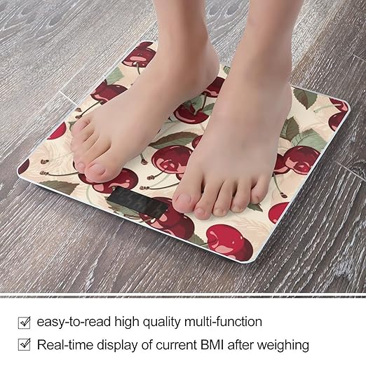 Cherry Pattern Bathroom Scale for Body Weight LCD Display Digital Bathroom Scale Tempered Glass Bathroom Weight Scales Fashion Smart Scales for Home Bedroom 400 Lb