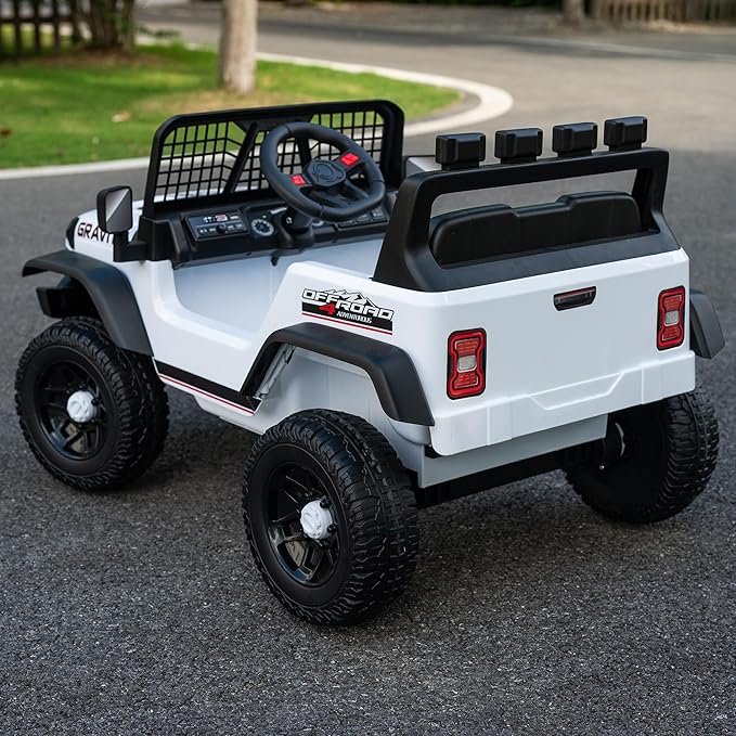 12V 7AH 4WD Kids Ride-On Truck Electric Off-Road Car with Remote &amp Pedal Control LED Lights Music USB Safety Belt 4-Wheel Suspension Adjustable Speeds Outdoor Gift for Boys Girls White