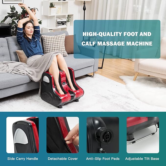 Giantex Foot and Calf Massager with Heat - Shiatsu Foot Massager Machine with Vibration Deep Kneading 3-Level Intensity Modes Electric Foot Massager for Tired Feet Leg Calf Pain Relief (Red)
