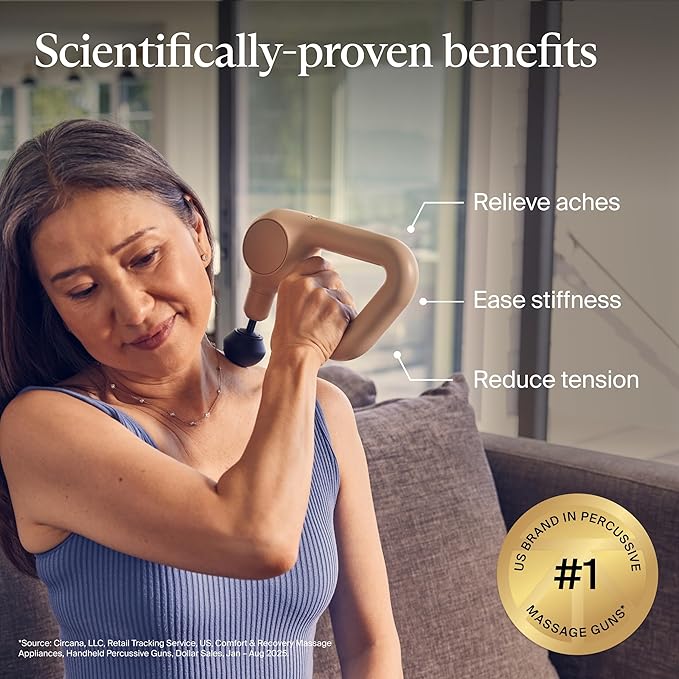 TheraGun Relief by Therabody - Easy-to-Use Comfortable &amp Light Handheld Percussion Massage Gun for Everyday Pain Relief Massage Therapy in Neck Back Leg Shoulder and Body (Sand)