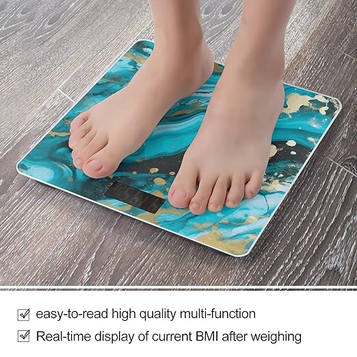 Digital Bathroom Scale for Body Weight Scale with Bright LCD Display High Accuracy Step-On Technology Auto On/Off Turquoise Blue Gold Marble Digital Scales 400 Lbs /180kg