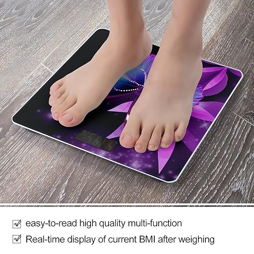 Blue Purple Butterfly Scale with LCD Precision Weighing Scales Sturdy Tempered Glass Weight Scales Easy-to-Read Anti-Slip Weight Digital Bathroom Scale for Daily