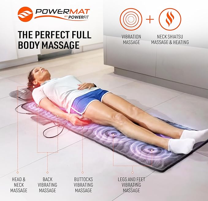 Powermat by Powerfit – Full Body Massage Mat with Detachable Massage Pillow 9 Intensity Levels 9 Massage Modes &amp 3 Heat Therapy Settings | Alleviates Muscle Pain Improves Circulation Stress Re