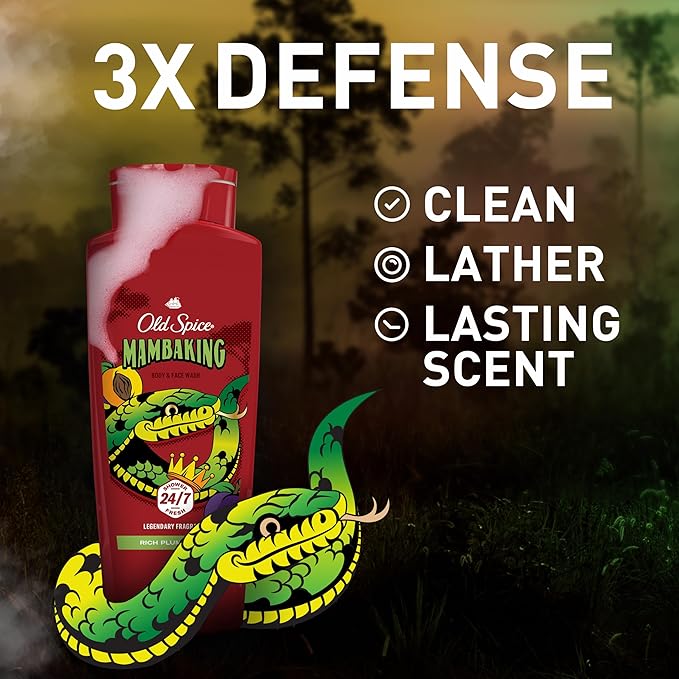 Old Spice Cleansing Body Wash for Men 3X Defense 24/7 Shower Fresh with Lasting Scent 2-in-1 Body &amp Face Wash MambaKing with Rich Plum Scent 24 oz (Pack of 4)