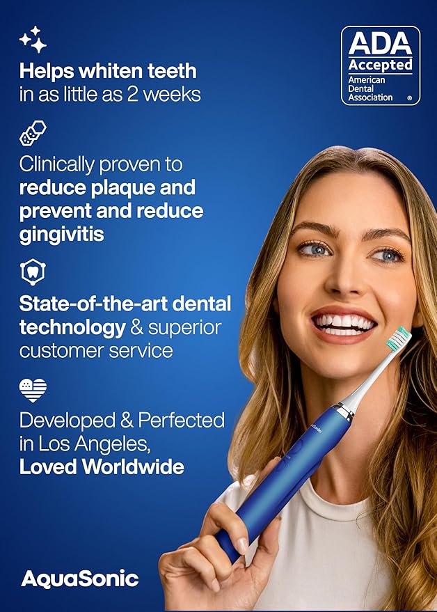 Aquasonic Vibe Series Ultra-Whitening Toothbrush – ADA Accepted Electric Toothbrush - 8 Brush Heads &amp Travel Case – 40000 VPM Motor &amp Wireless Charging - 4 Modes w Smart Timer – Sapphire Blue