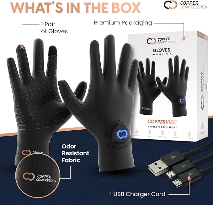 Copper Compression CopperVibe Vibration &amp Heat Gloves - Heated Hand Massage