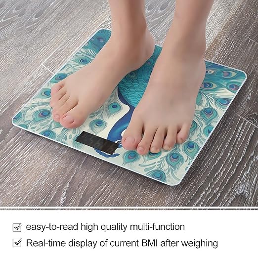 Cute Peacockm Scale for Body Weight Anti-Slip Tempered Glass Digital Bathroom Scales Clear LCD Display Weighing Scale Safe Rounded Corners Smart Scales