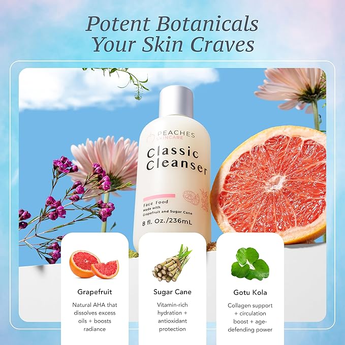 Peaches Skincare Hydrating Facial Cleanser – Vegan Face Wash with Grapefruit Sugar Cane and Gotu Kola – Lightly Exfoliating Daily Formula for All Skin Types – Classic Cleanser – 8 oz