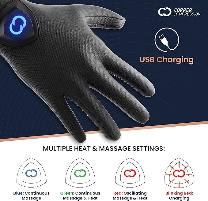 Copper Compression CopperVibe Vibration &amp Heat Gloves - Heated Hand Massage