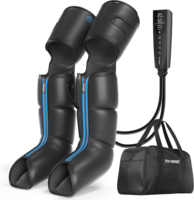 FIT KING Rechargeable Leg and Foot Massager - Cordless Air Compression Full Leg Boots Massager for Circulation and Recovery - Pressure Sensor &amp LCD Display - 3 Modes 10 Intensities 5 Timer Functio