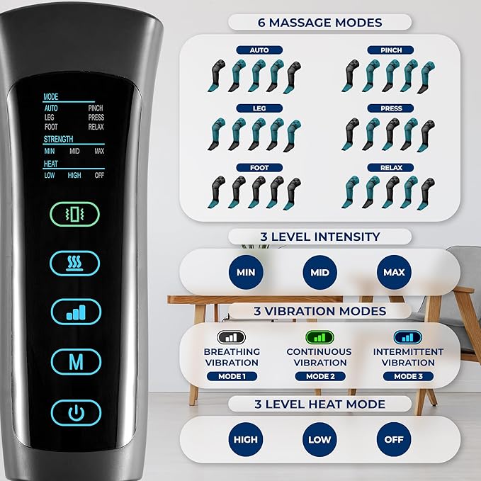 SereneLife Air Compression Knee Massager for Pain Relief and Therapy Knee Elbow Shoulder Brace Wrap with 4 Vibration 2 Heating Modes 4 Airbags Smart LED Controller Ice Pack for Cold Massage