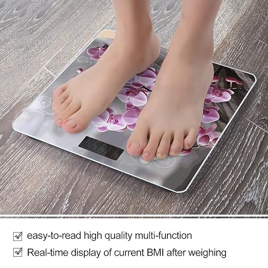 Pink Orchid Scale for Body Weight Anti-Slip Sturdy Tempered Glass Weighing Machine Highly Digital Accurate Bright LCD Bathroom Scale for Household Gift