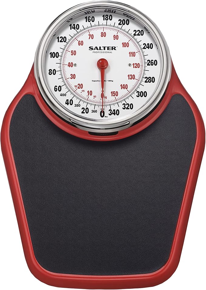 Salter Pro-Helix Professional Oversized Bathroom Scale with Black/Red Powder-Coated Steel Coated Base Anti-Slip Bath Mat 400 LB Capacity Analog Scale 18.25 x 13.0 Inch Black/Red