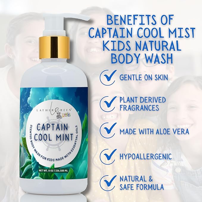 Kids Body Wash – Plant Based Gentle Moisturizer with Shea Butter – Safe for Sensitive Skin – Captain Cool Mist – 3 Pack (8 oz Each)