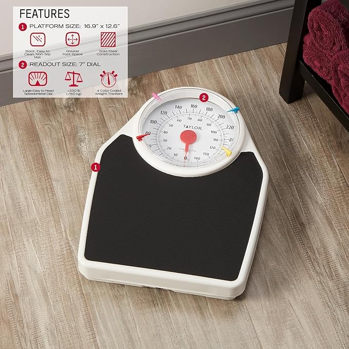 Taylor Battery Free Analog Scales for Body Weight 330LB Capacity Easy to Read Large 7-inch Dial 18.4 x 13.7-inch Ribbed Mat Platform Black