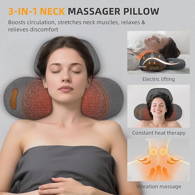3-in-1 Neck Massager Pillow with Heat &amp Traction Deep Tissue Cervical Traction Device for Neck Hump Corrector Shoulder &amp Upper Back Pain Relief Relaxing TheraPillow Support