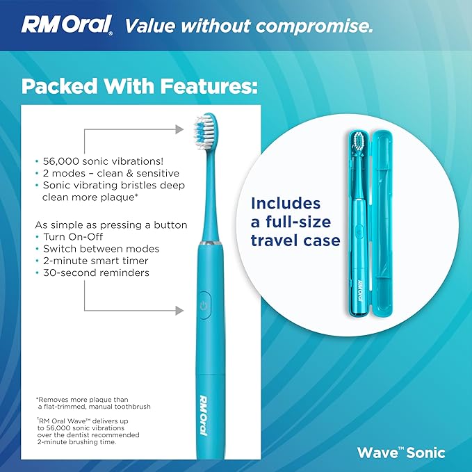 RM Oral Wave Sonic Battery-Operated Toothbrush with Soft Bristles &amp Travel Case 56000 Sonic Vibrations for Clean &amp Sensitive Whitening &amp Plaque Removal 2-Minute Timer Aquamarine