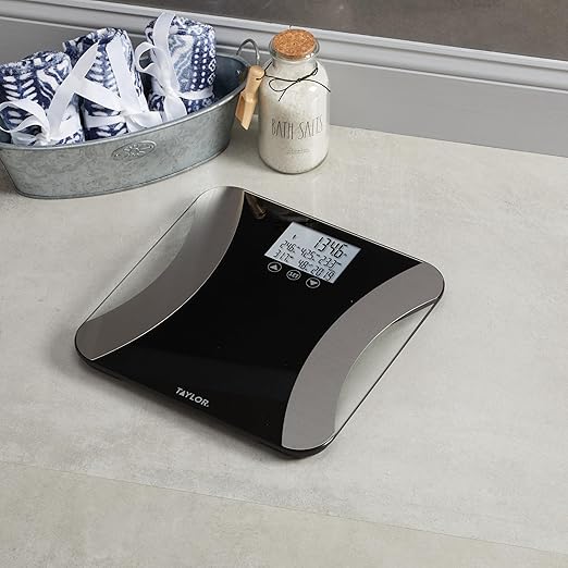 Taylor Digital Glass Body Composition Scale - Measures Body Fat Water Muscle Mass - Athlete Mode 8-User Recognition 500 lb Capacity Black
