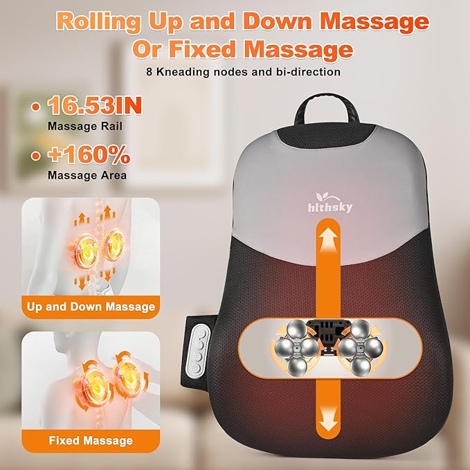 Back Massager for Pain Relief Deep Tissue Rolling Up and Down Shiatsu Back and Neck Massager with Heat 4D Kneading and Car Adapter for Home Office and Car use Gifts for Men and Women